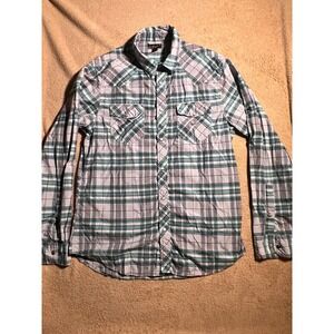 Helix Men Large Gray Green Plaid Long Sleeve Pearl Snap Collared Button Down Top